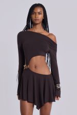 Dera Asymmetric Cut Out Mini Dress in Brown - Image 5