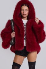 Mara Oversized Faux Fur Coat in Red - Image 4