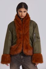 Evren Faux Fur Bomber Jacket in Khaki - Image 2