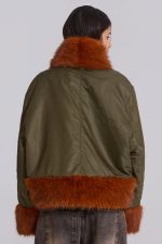 Evren Faux Fur Bomber Jacket in Khaki - Image 4