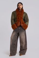 Evren Faux Fur Bomber Jacket in Khaki - Image 5