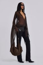 Aria Mesh Plunge Mini Dress in Brown - Image 2