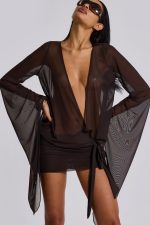 Aria Mesh Plunge Mini Dress in Brown - Image 6