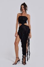 Gaia Scrunch Lace Midi Dress in Black - Image 2