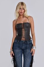 Odile Black Faux Leather Lace Up Corset - Image 13