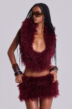 Haka Mongolian Faux Fur Backless Top in Wine - Image 8