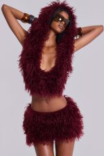 Haka Mongolian Faux Fur Backless Top in Wine - Image 9