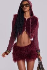 Haka Mongolian Faux Fur Mini Skirt in Wine - Image 7