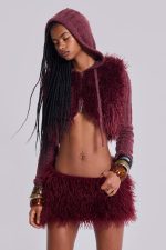 Haka Mongolian Faux Fur Knit Shrug in Wine - Image 7