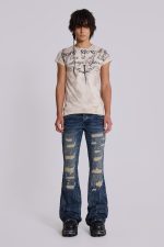 Washed Blue Laced Flared Jeans - Image 5