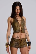 Vaca Whipstitch Faux Leather Mini Shorts in Brown - Image 11