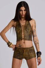Vaca Whipstitch Faux Leather Mini Shorts in Brown - Image 3