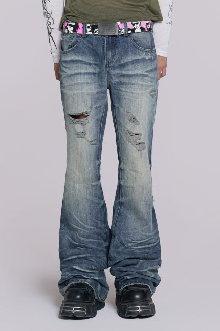 Mid Blue Distressed Creased Drift Flared Jeans