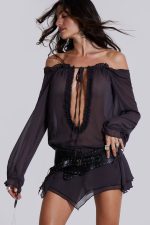 Lorenza Sheer Bardot Dress in Dusk - Image 5
