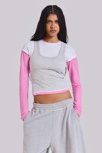 Lexie Triple Layer Long Sleeve Top in Grey Marl