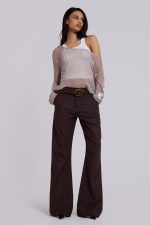 Brown Pinstripe Stacked Bootcut Suit Pants - Image 3