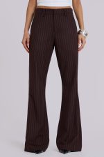 Brown Pinstripe Stacked Bootcut Suit Pants - Image 2