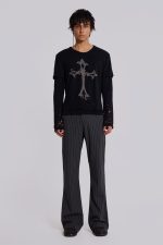 Grey Pinstripe Stacked Bootcut Suit Pants - Image 3