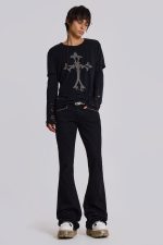 Jet Black Studded Drift Flared Jeans - Image 3