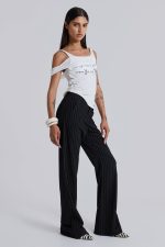 Black Pinstripe Stacked Bootcut Suit Pants - Image 4