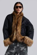 Evren Faux Fur Bomber Jacket in Black - Image 3