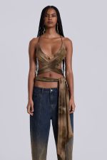 Ayla Backless Plunge Wrap Top in Brown - Image 6