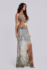 Vida Backless Maxi Dress With Shell Trim in Marine - Image 3