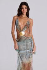 Vida Backless Maxi Dress With Shell Trim in Marine - Image 6