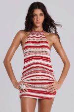 Cata Red Stripe Halter Ruffle Knit Mini Dress - Image 5
