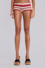 Cata Red Stripe Ruffle Knit Mini Shorts - Image 6