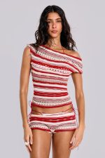 Cata Red Stripe Asymmetric Ruffle Knit Top - Image 5