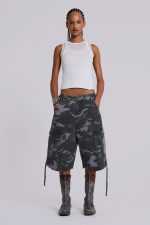 Washed Black Cadet Camo Baggy Shorts