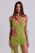Stellar Asymmetric Hand Beaded Maxi Dress in Lime - Image 9