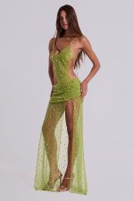 Stellar Asymmetric Hand Beaded Maxi Dress in Lime - Image 4