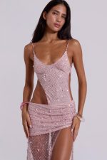 Stellar Asymmetric Hand Beaded Maxi Dress in Pink - Image 4
