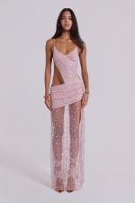 Stellar Asymmetric Hand Beaded Maxi Dress in Pink - Image 6