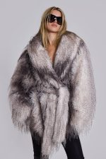 Haka Faux Feather Belted Fur Coat - Image 6