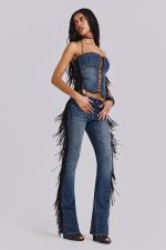 Odile Denim Fringe Lace Up Corset - Image 11