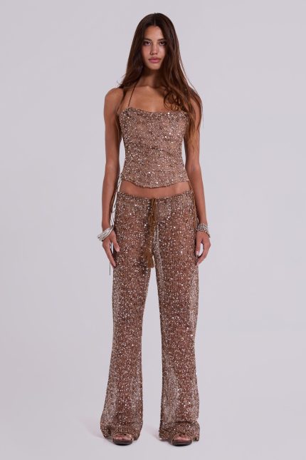 Deva Sequin Knit Trousers in Sand