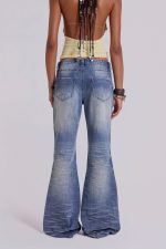 Mid Blue Distressed Creased Drift Flared Jeans - Image 3