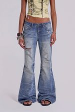 Mid Blue Distressed Creased Drift Flared Jeans - Image 2