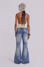 Mid Blue Distressed Creased Drift Flared Jeans - Image 5