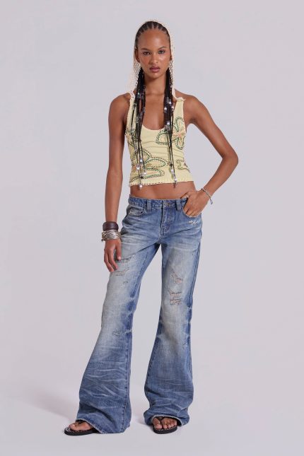 Mid Blue Distressed Creased Drift Flared Jeans