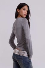 Xeni Glitter Long Sleeve Top in Silver - Image 6