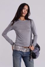 Xeni Glitter Long Sleeve Top in Silver - Image 8