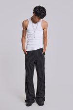 Black Pinstripe Stacked Bootcut Suit Pants - Image 3