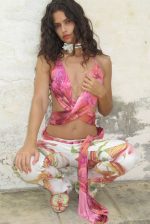 Ayla Satin Backless Plunge Wrap Top In Rosa - Image 2