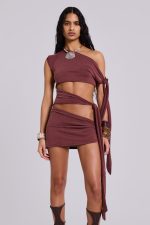 Mena Asymmetric Mini Dress in Sienna - Image 3