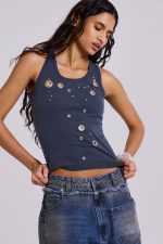 Eye Contact Vest Top With Eyelets in Grey - Image 5